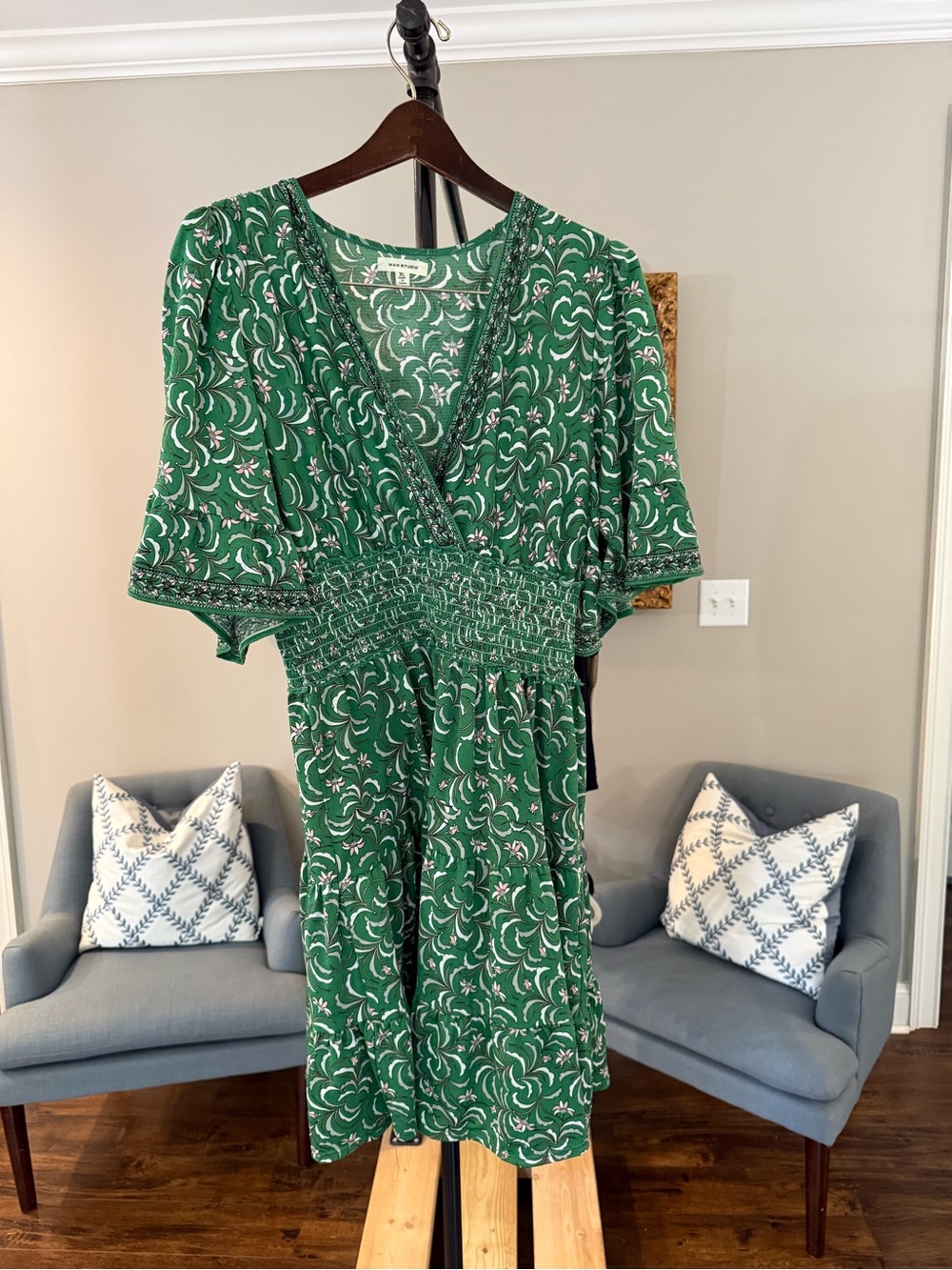 Max Studio Green Floral V-Neck Smocked Waist Mini Dress
